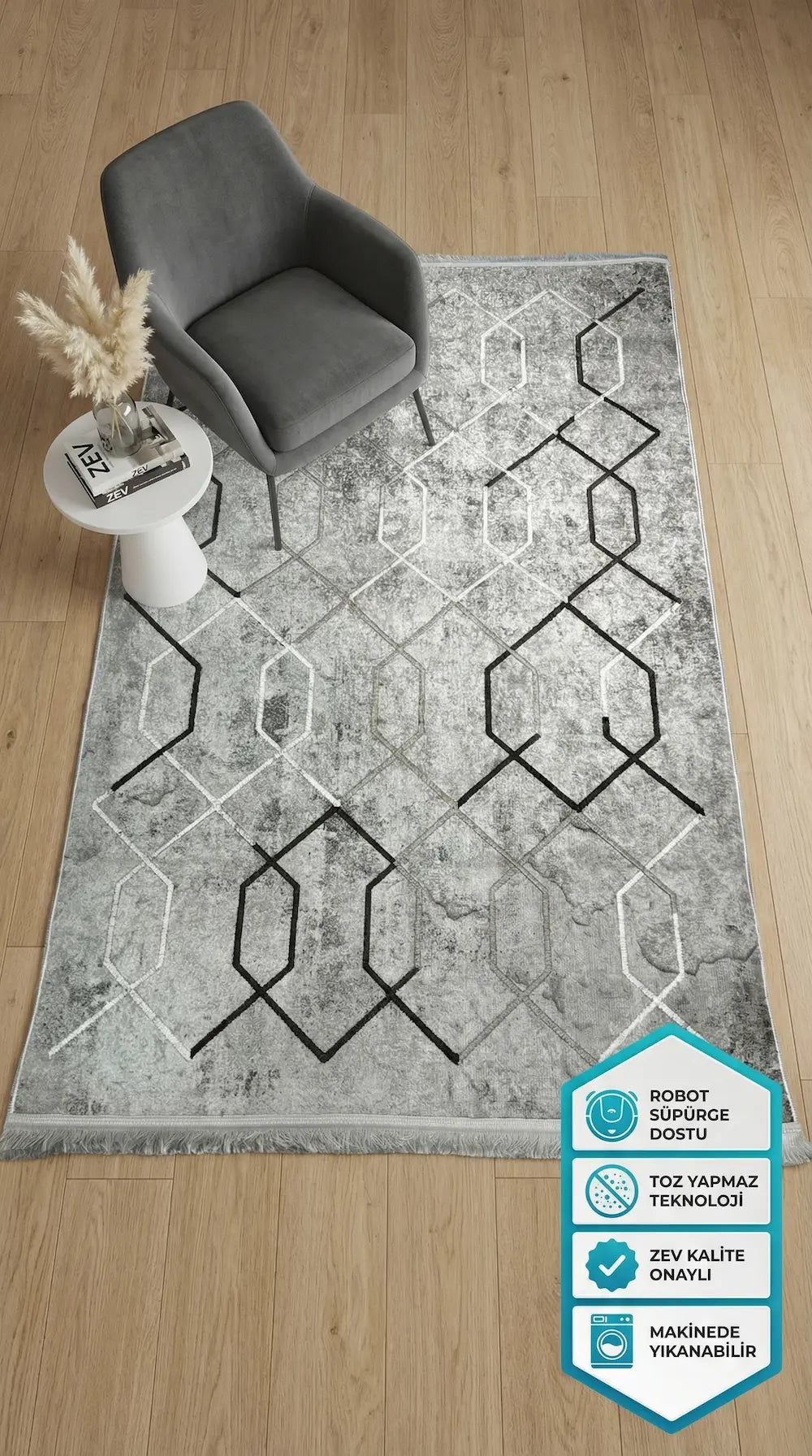 Zev Halı NK001 | 110x180 Pamuk Taban Özel Nakış İşleme Geometrik Modern Halı