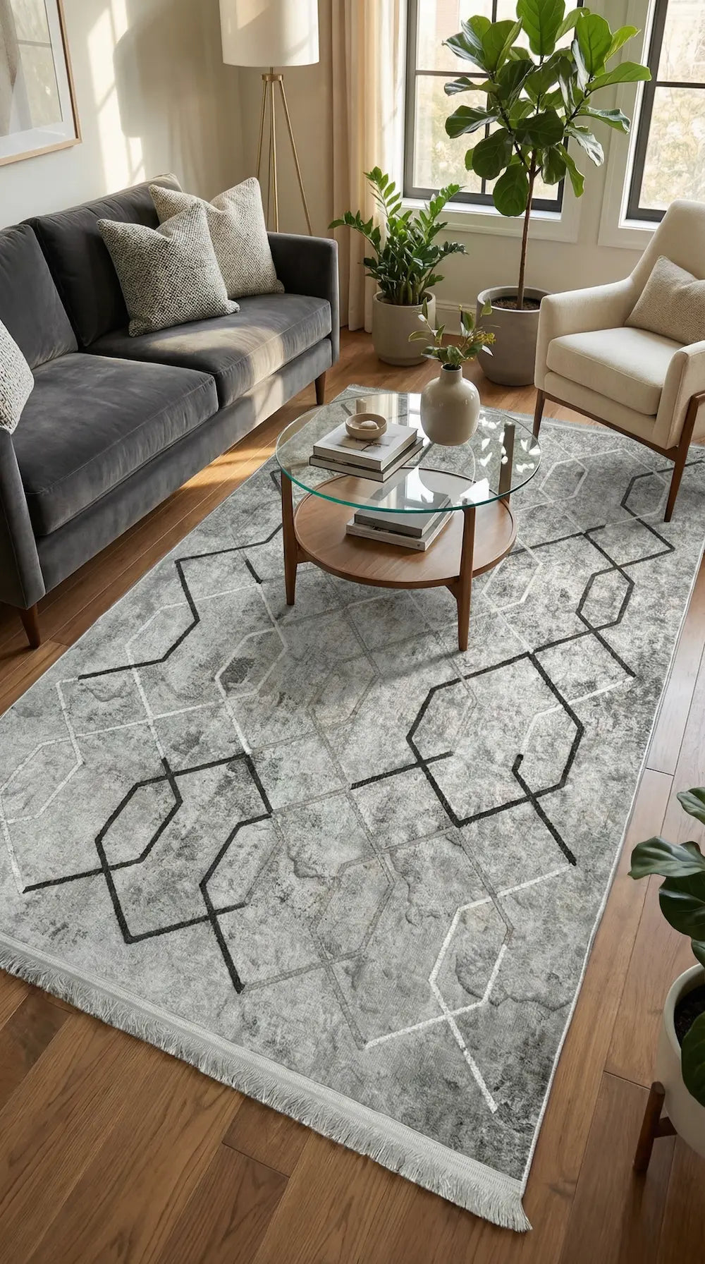 Zev Halı NK001 | 110x180 Pamuk Taban Özel Nakış İşleme Geometrik Modern Halı