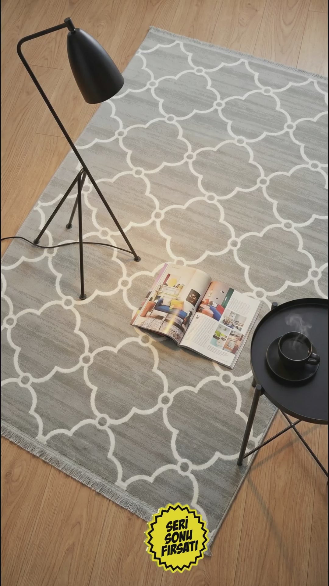 Zev Vogui Serisi Gri Fas Trellis Desenli Triko Akrilik Halı %60 Fırsat Outlet st030  160x230