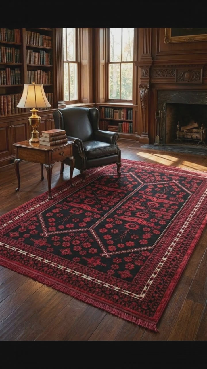 İpeksi Görünümlü Bordo Afgan Halı | Parlak ve İnce Salon Halısı