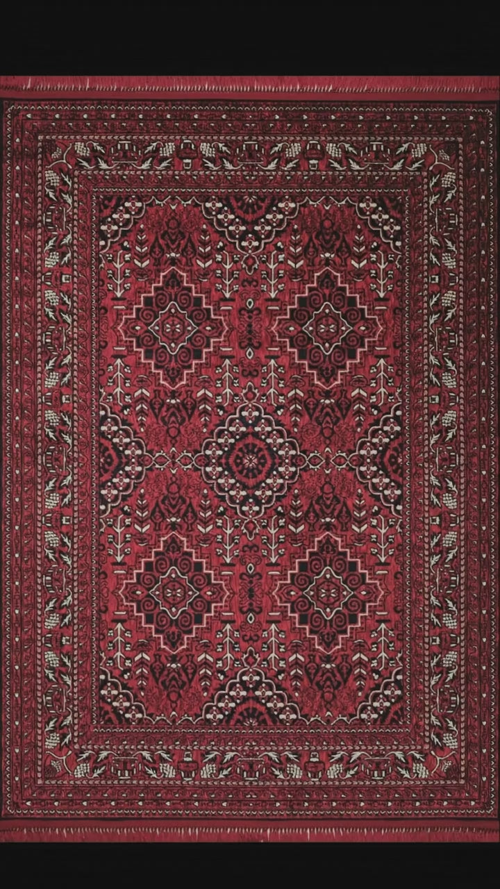 Saten Dokulu Bordo Afgan Halı | Yıkanabilir Kaymaz Modern Salon Halısı