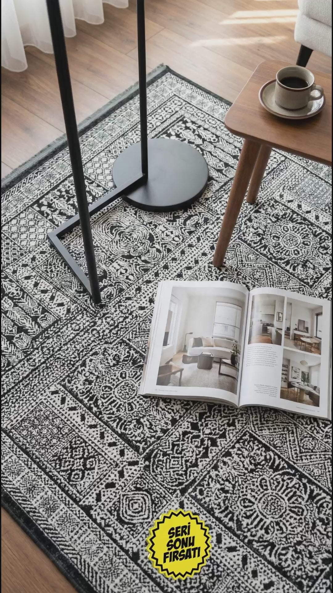 Zev Dark Serisi Zümrüt Siyahı Etnik Monokrom Triko Akrilik Salon Yatak Odası Halısı- %60 Fırsat Outlet st020  160x230