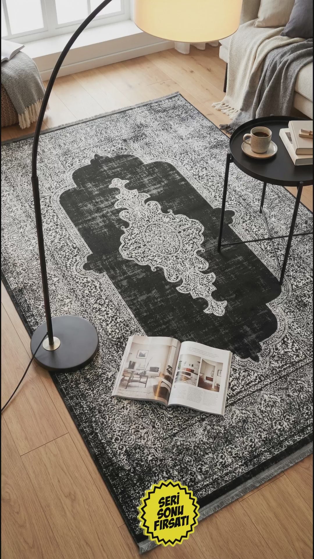 Zev Dark Serisi Zümrüt Siyahı Madalyonlu Triko Akrilik Salon Misafir Odası Halısı- %60 Fırsat Outlet st026  160x230