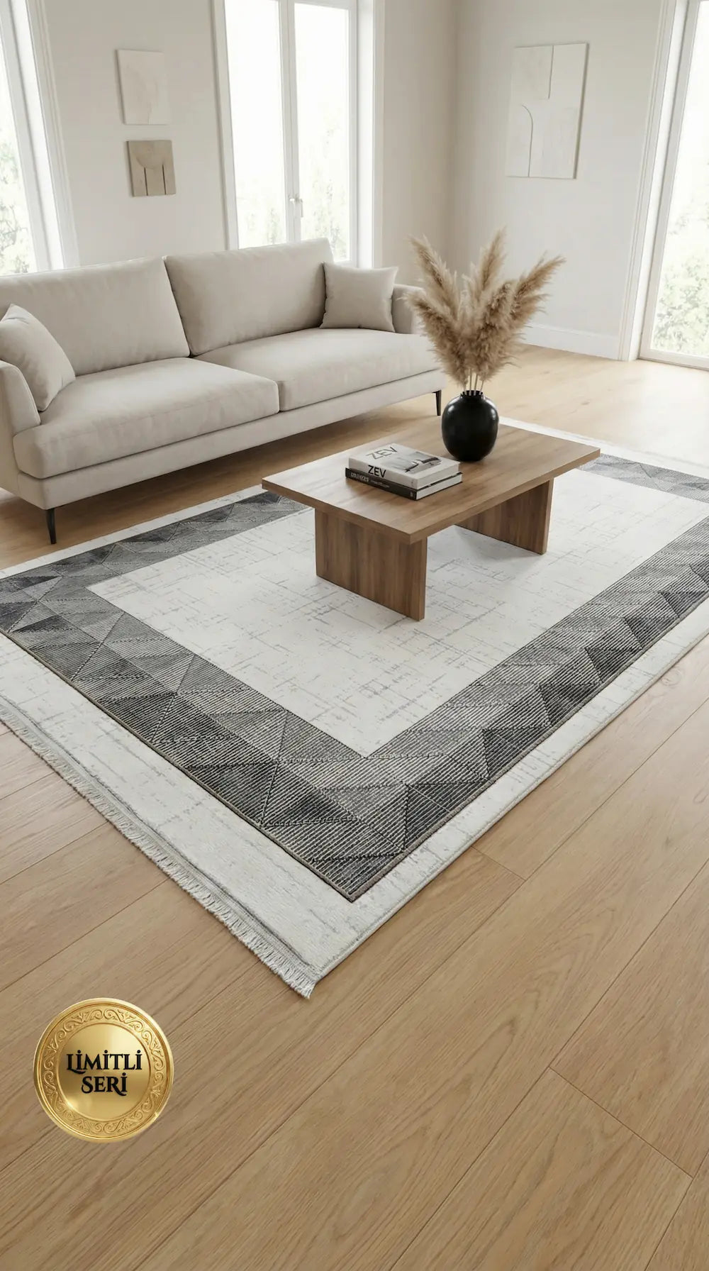 Zev Halı Prime PR017 Krem Antrasit Üçgen Bordürlü Modern Salon Halısı 160x230