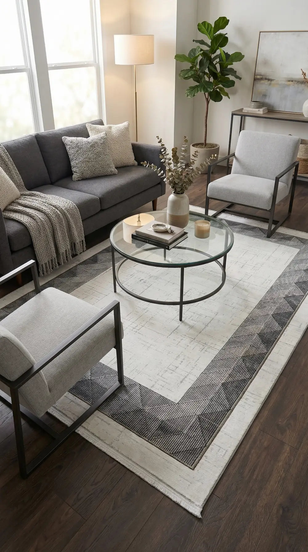 Zev Halı Prime PR017 Krem Antrasit Üçgen Bordürlü Modern Salon Halısı 160x230