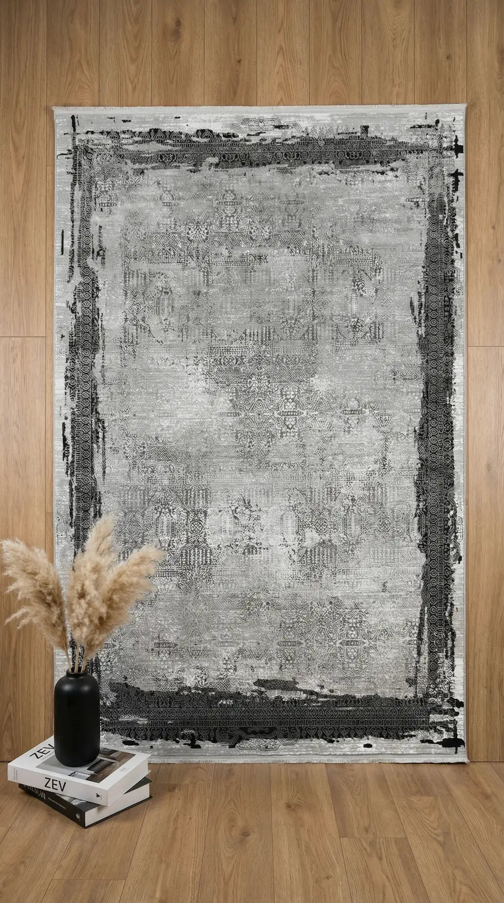 Zev Halı Prime PR021 Gri Siyah Çerçeveli Eskitme Vintage Salon Halısı 160x230