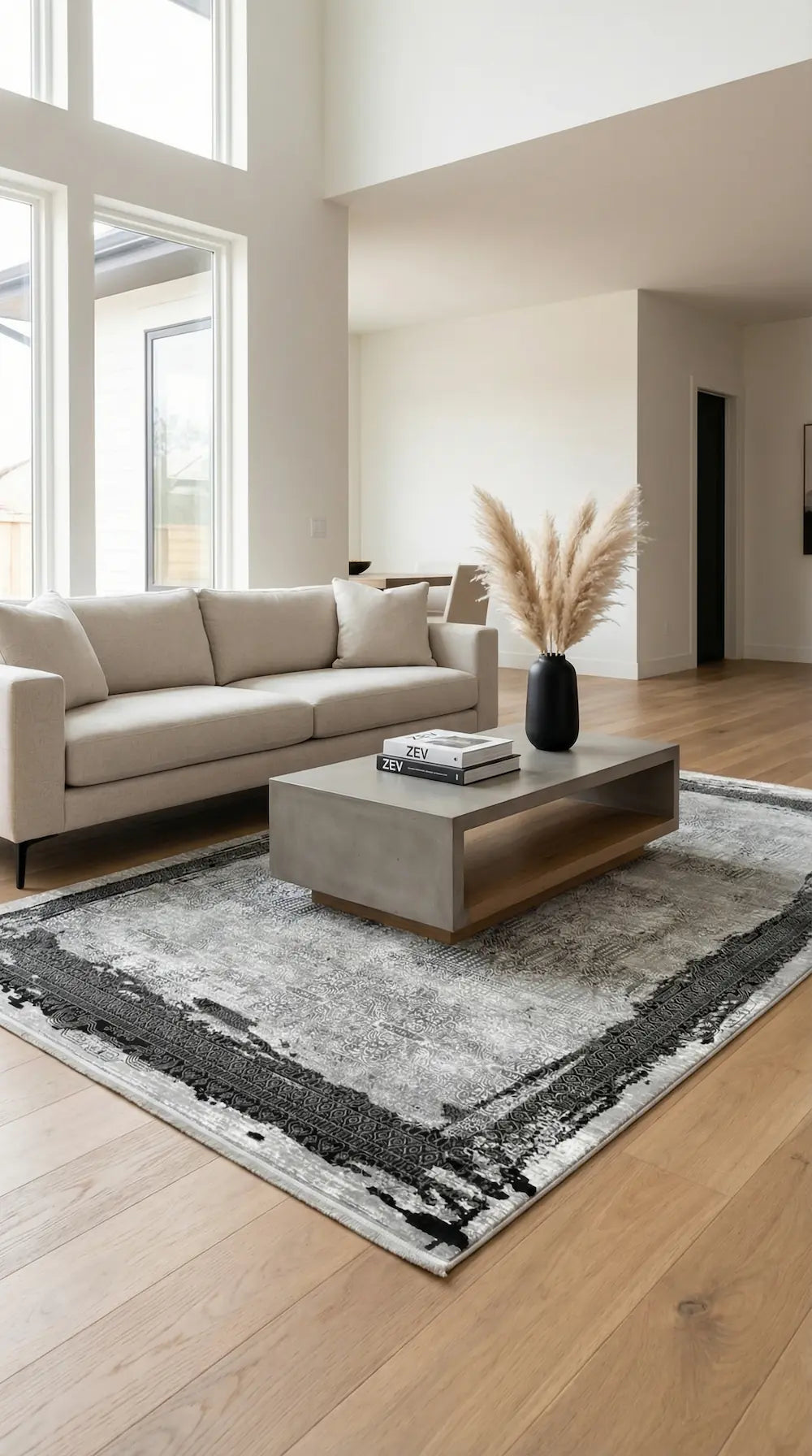 Zev Halı Prime PR021 Gri Siyah Çerçeveli Eskitme Vintage Salon Halısı 160x230