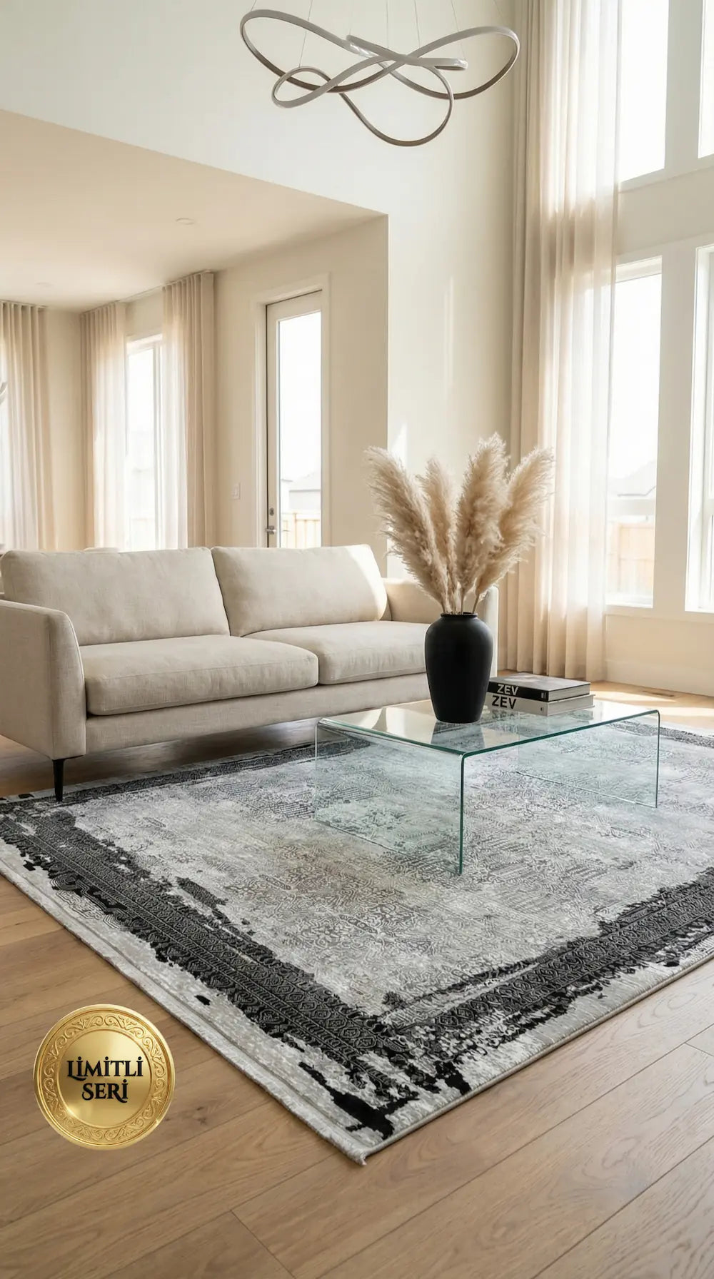 Zev Halı Prime PR021 Gri Siyah Çerçeveli Eskitme Vintage Salon Halısı 160x230