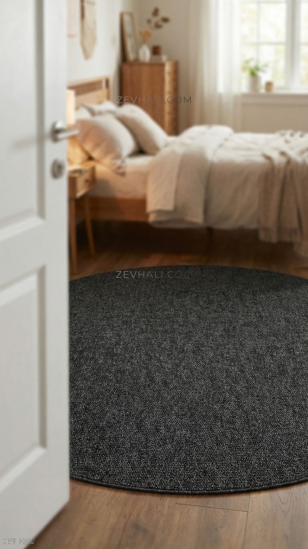 Zev Halı Keten Obsidyen Siyahı Yuvarlak Salon Halısı - 400 CM En Genişliğinde Kusursuz Form Özel Ölçü | Jüt Hasır Halılar | Zev Halı