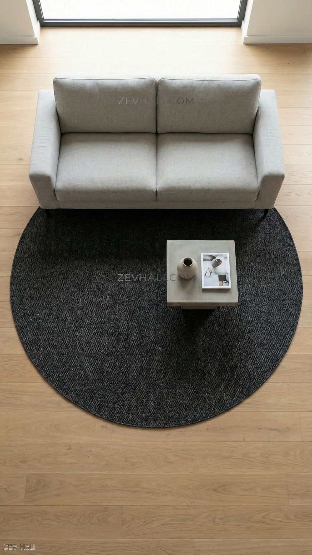 Zev Halı Keten Obsidyen Siyahı Yuvarlak Salon Halısı - 400 CM En Genişliğinde Kusursuz Form Özel Ölçü | Jüt Hasır Halılar | Zev Halı