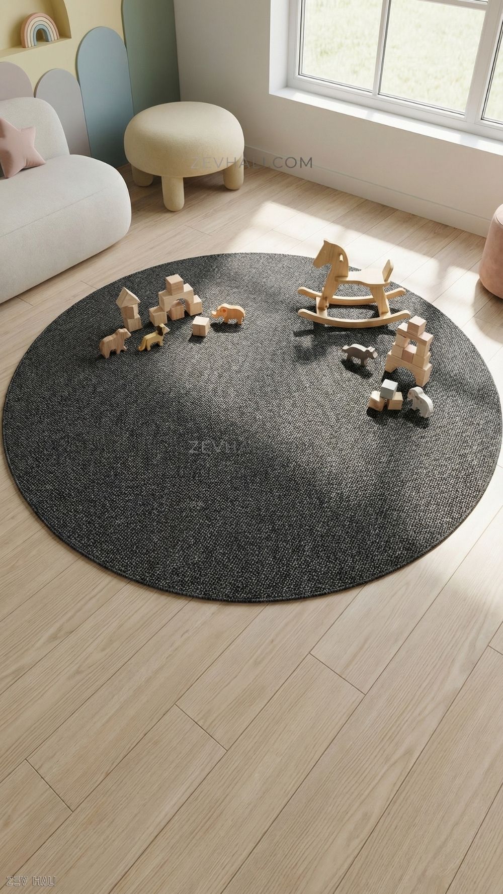 Zev Halı Keten Obsidyen Siyahı Yuvarlak Salon Halısı - 400 CM En Genişliğinde Kusursuz Form Özel Ölçü | Jüt Hasır Halılar | Zev Halı