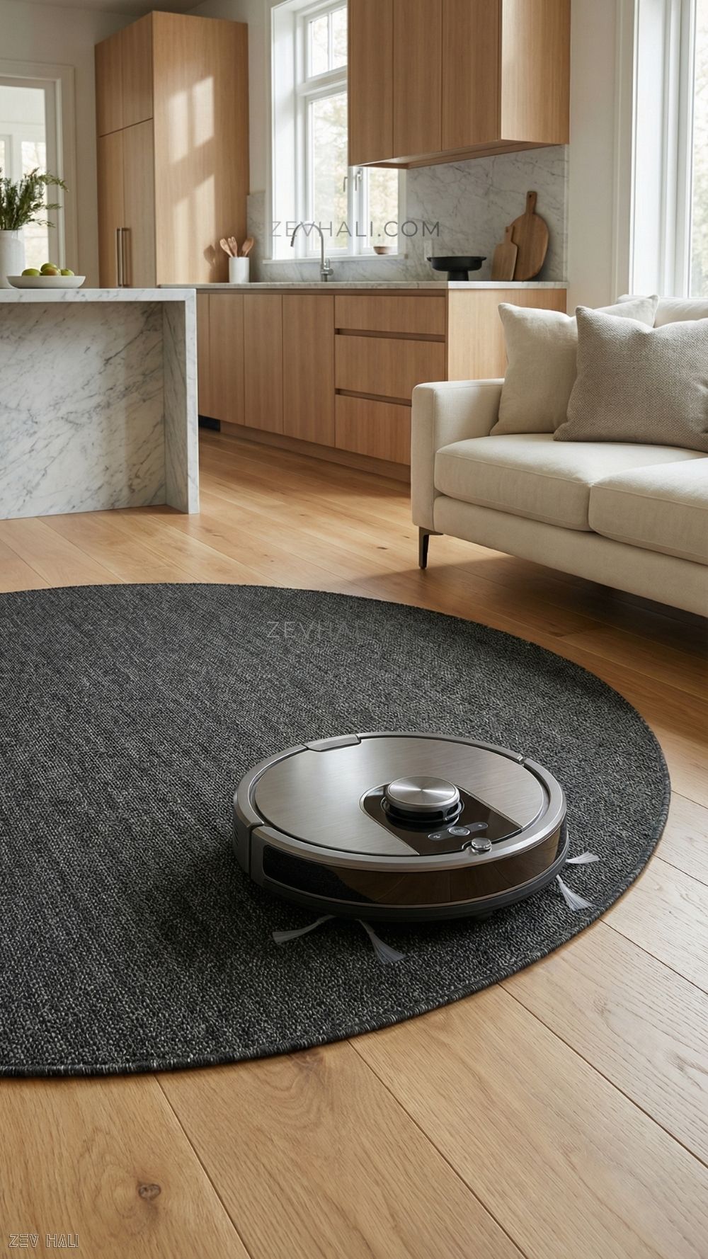 Zev Halı Keten Obsidyen Siyahı Yuvarlak Salon Halısı - 400 CM En Genişliğinde Kusursuz Form Özel Ölçü | Jüt Hasır Halılar | Zev Halı