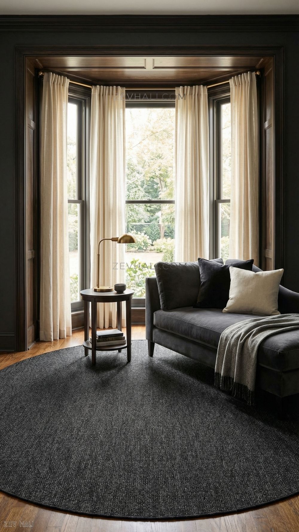 Zev Halı Keten Obsidyen Siyahı Yuvarlak Salon Halısı - 400 CM En Genişliğinde Kusursuz Form Özel Ölçü | Jüt Hasır Halılar | Zev Halı
