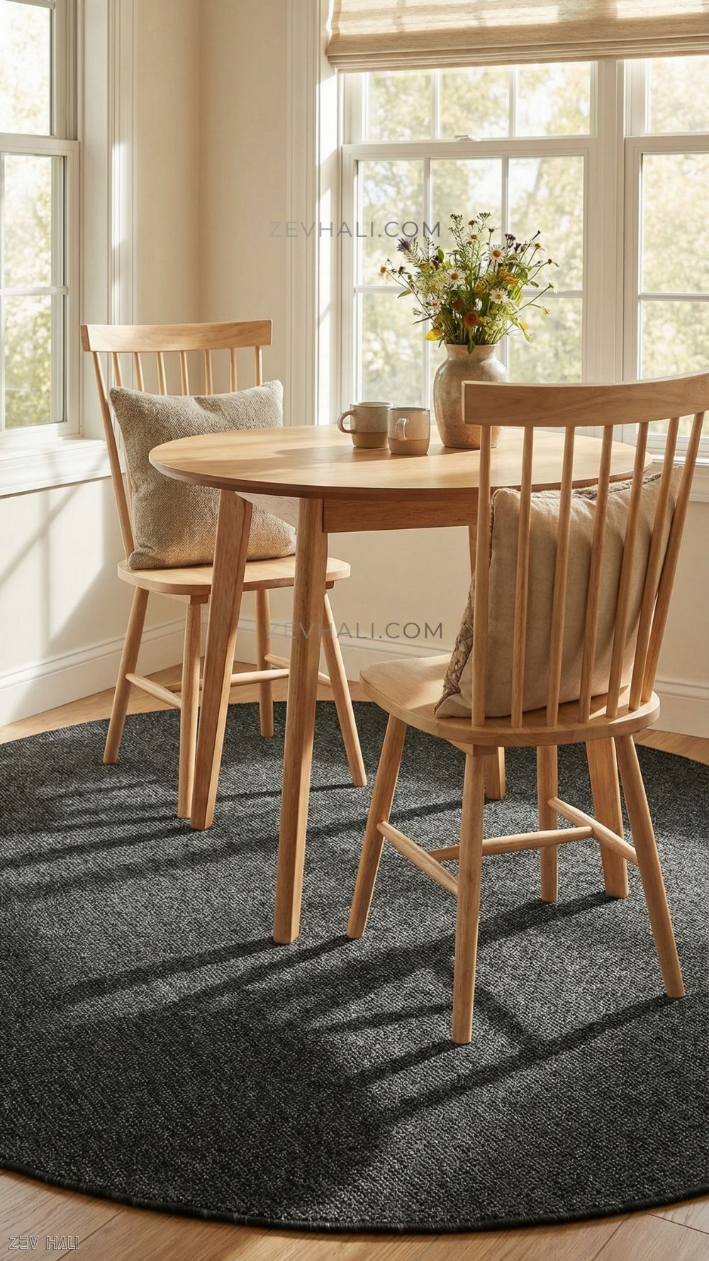 Zev Halı Keten Obsidyen Siyahı Yuvarlak Salon Halısı - 400 CM En Genişliğinde Kusursuz Form Özel Ölçü | Jüt Hasır Halılar | Zev Halı