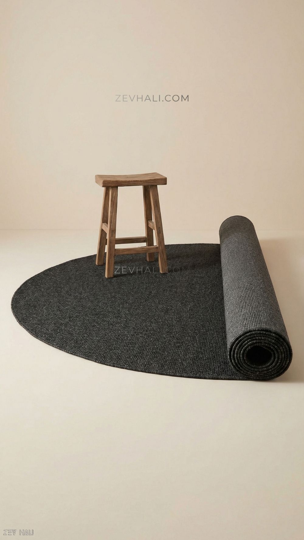 Zev Halı Keten Obsidyen Siyahı Yuvarlak Salon Halısı - 400 CM En Genişliğinde Kusursuz Form Özel Ölçü | Jüt Hasır Halılar | Zev Halı