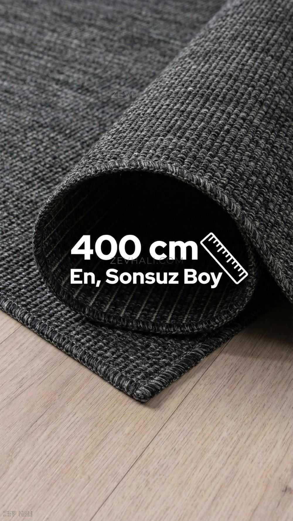 Zev Halı Keten Gece Siyahı 400 CM En Özel Kesim Salon Halısı - Sınır Tanımayan Formlar | Jüt Hasır Halılar | Zev Halı