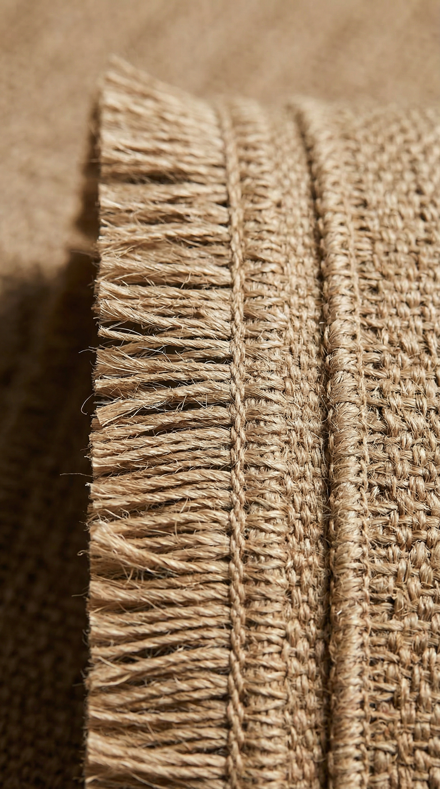 Doğal jüt ipten yapılmış kahverengi püsküllü dekoratif keten kumaş detay görüntüsü