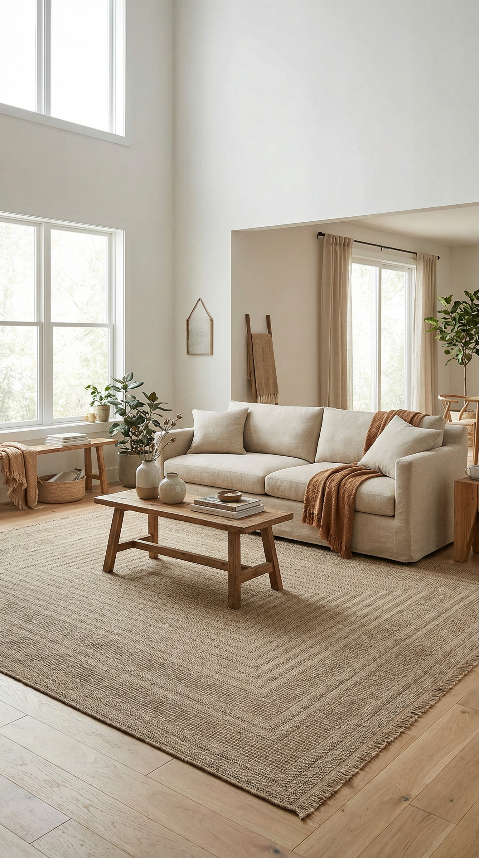 Bej köşe koltuk, kahverengi atkılar, doğal ahşap sehpa ve büyük keten halı ile aydınlık modern salon