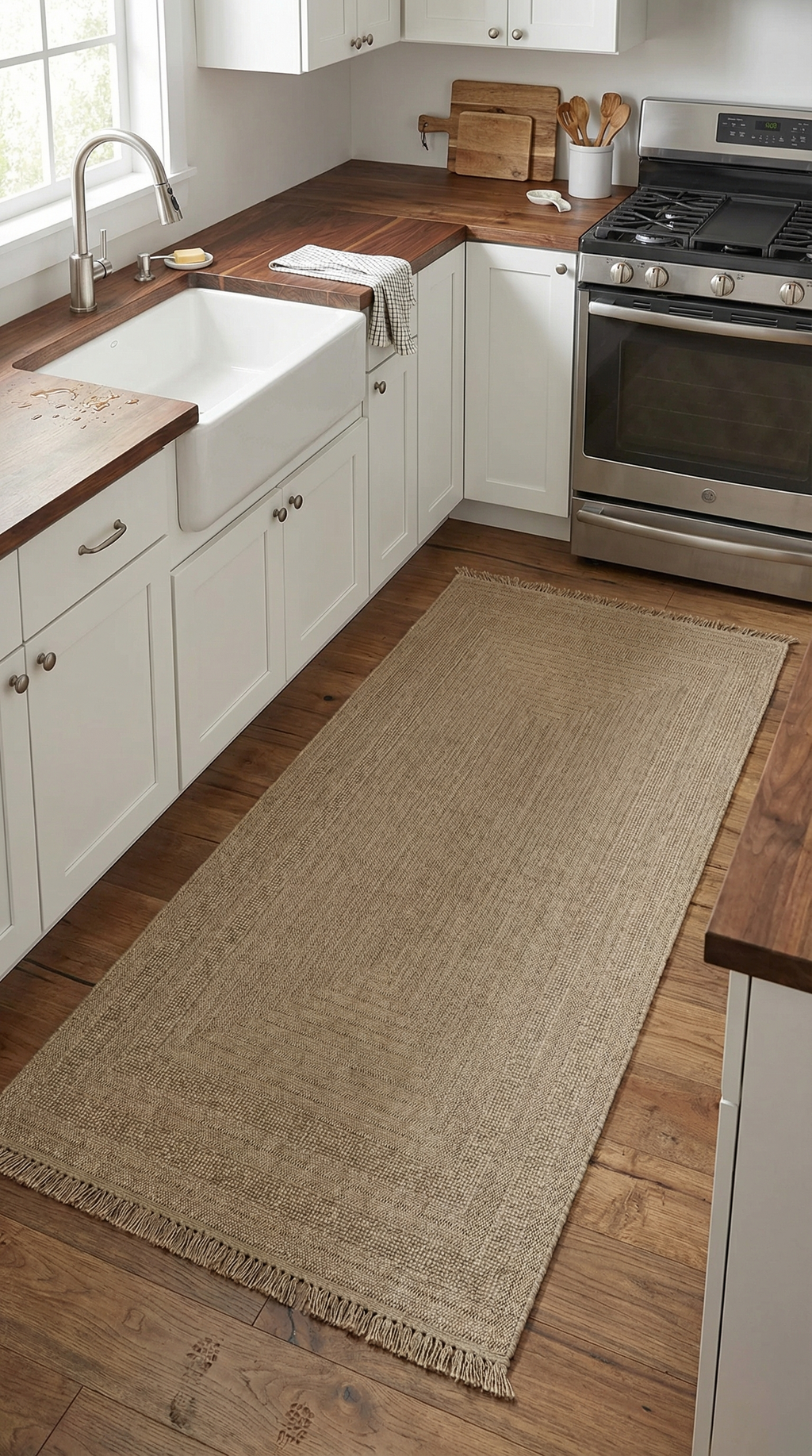 Ahşap tezgah ve beyaz dolaplı mutfakta, metal fırın ve doğal keten dokulu bej mutfak halısı