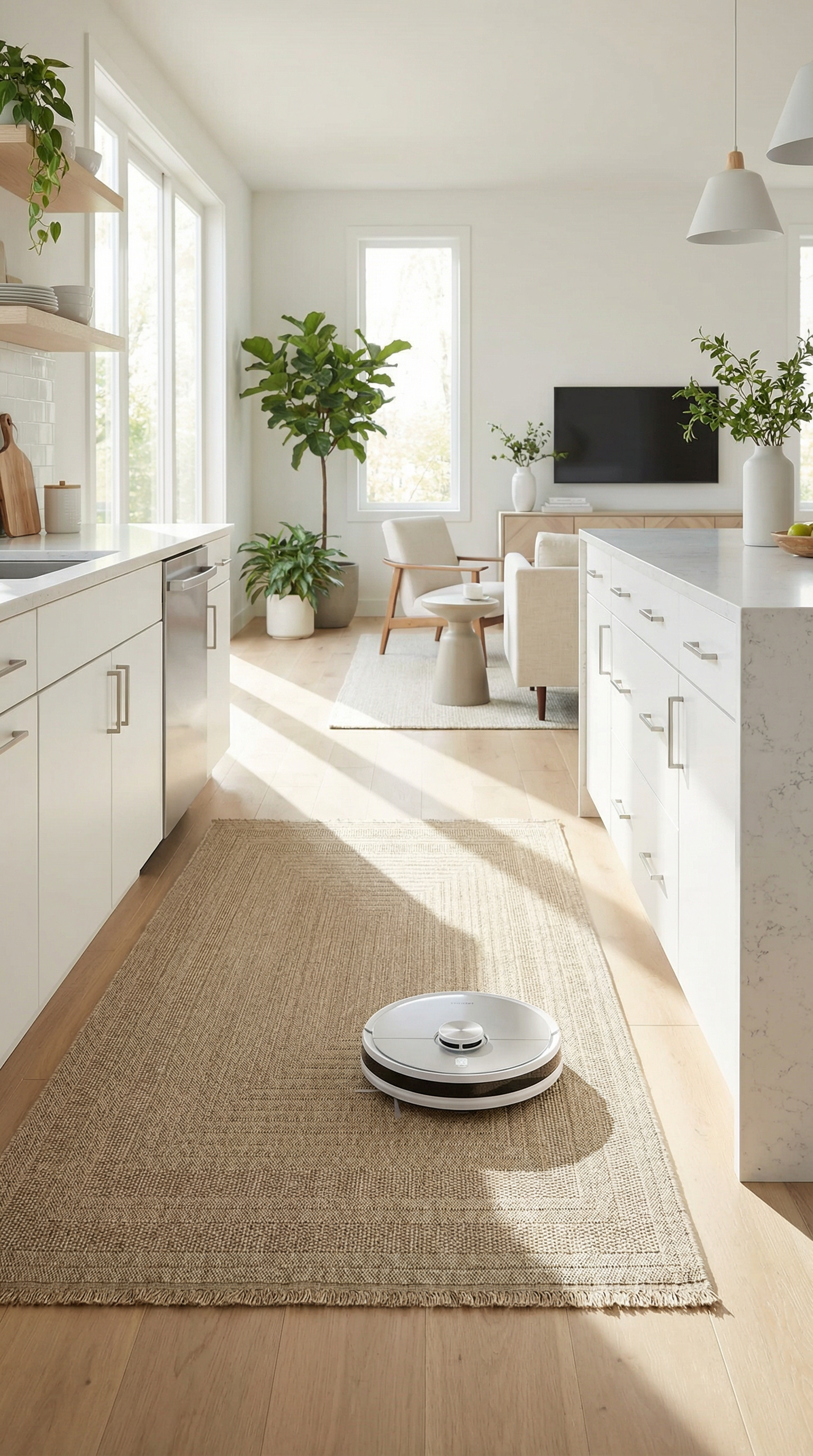 Modern beyaz mutfak ve oturma odasında halının üzerinde robot süpürge ile doğal aydınlık yaşam alanı