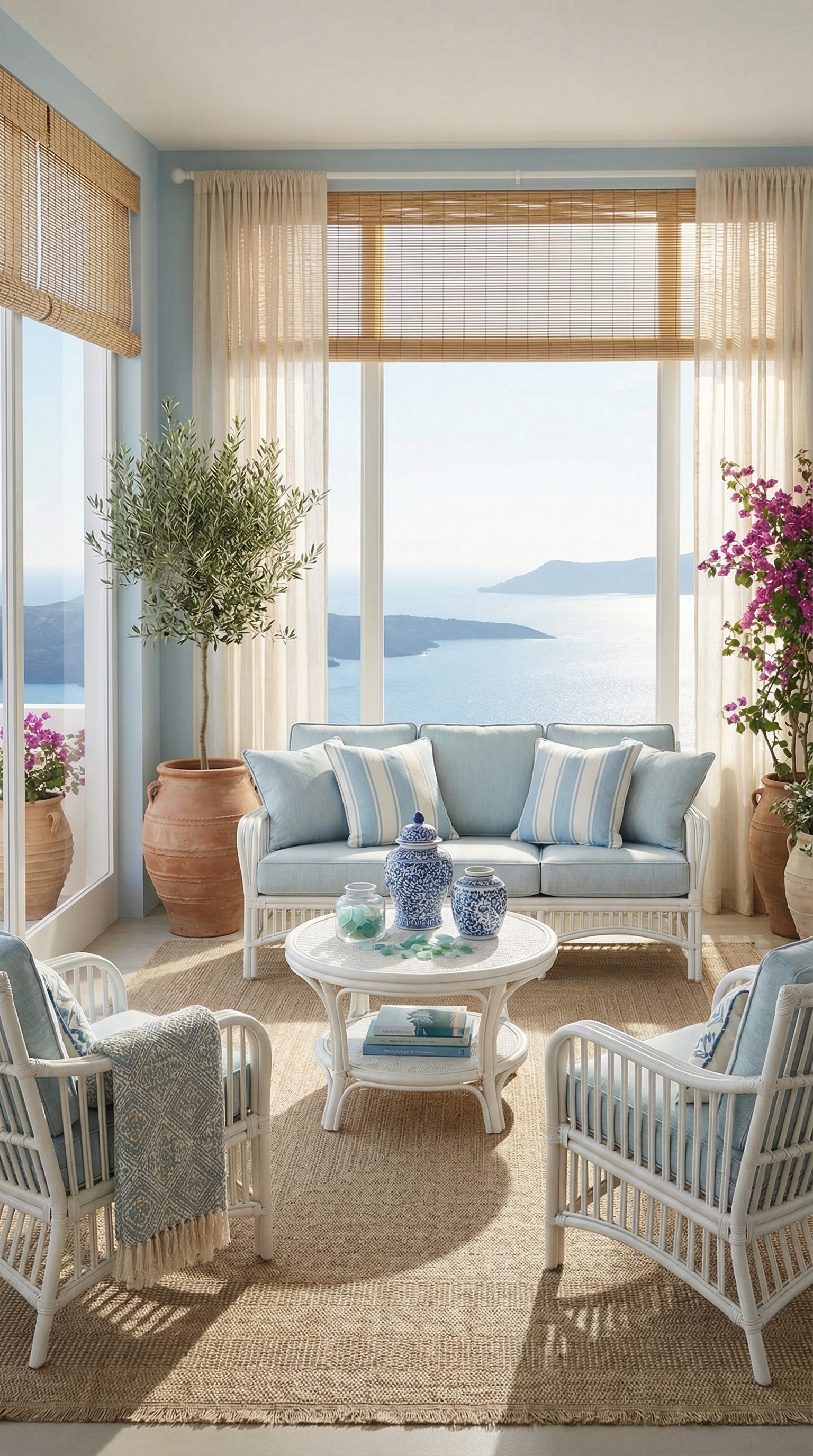 Mavi yastıklı beyaz hasır oturma grubu, deniz manzaralı geniş cam pencereli teras dekoru