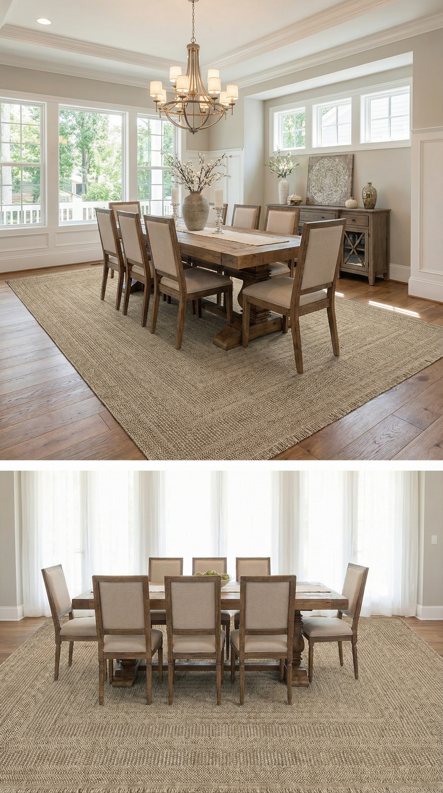 Doğal dokulu halı üzerinde rustik ahşap yemek masası ve bej sandalyelerle modern yemek odası