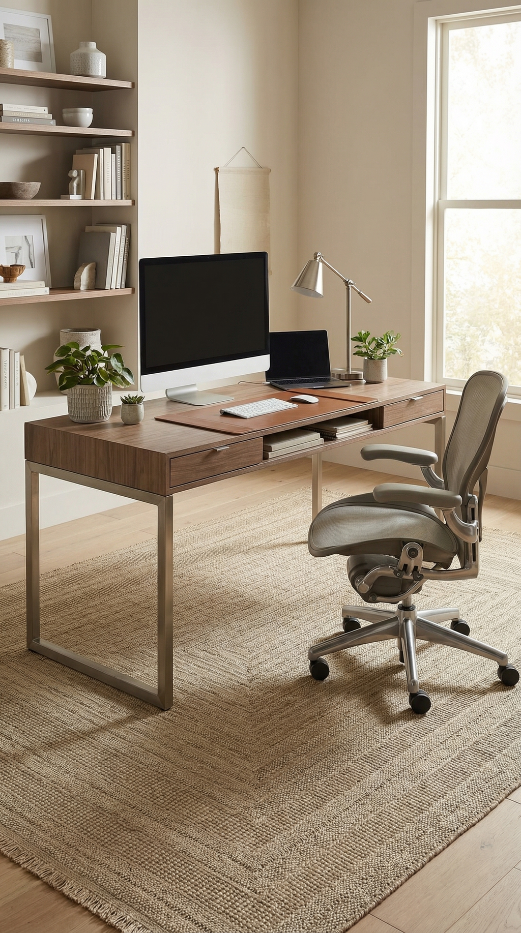 Ahşap masa üzerinde bilgisayar, laptop, masa lambası ve bitkilerle modern home office çalışma alanı