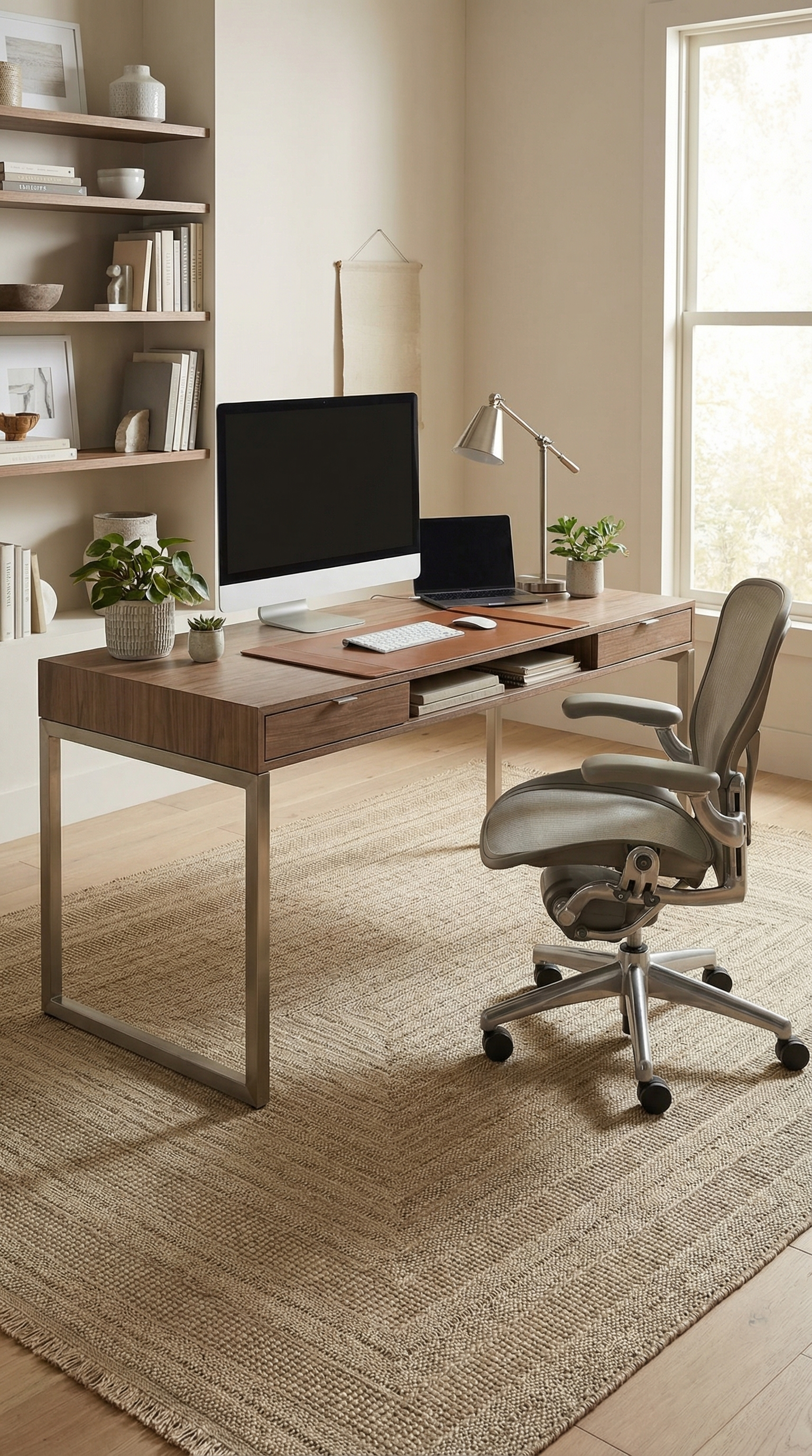 Ahşap masa üzerinde bilgisayar, laptop, masa lambası ve bitkilerle modern home office çalışma alanı