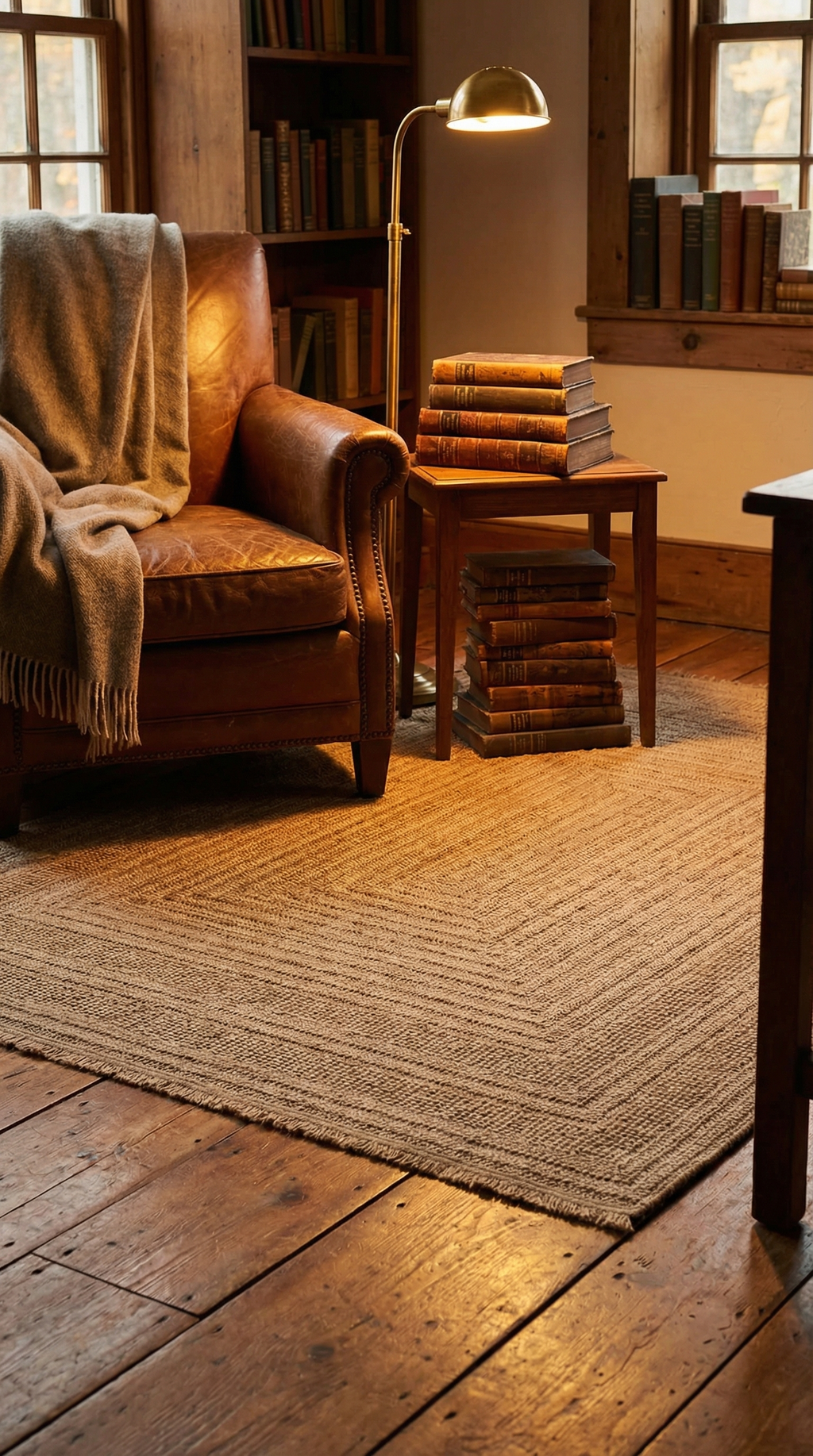 Türk kahverengisi deri koltuk, battaniye, ahşap zemin, kitaplar ve cep lambası iç mekan okuma köşesi