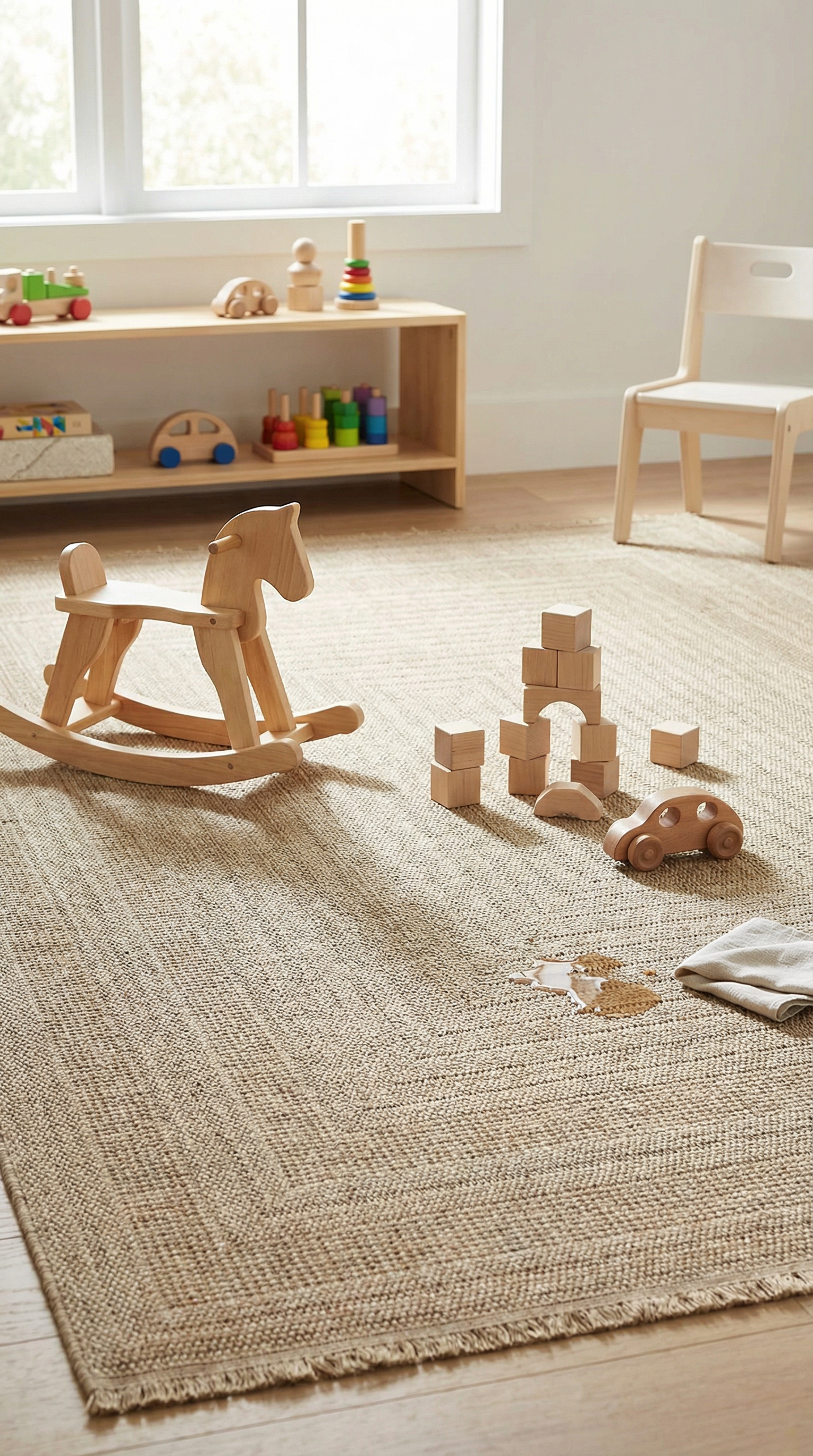 Çocuk odasında doğal renkli hasır kilim üzerinde ahşap sallanan at, oyuncak bloklar ve araba