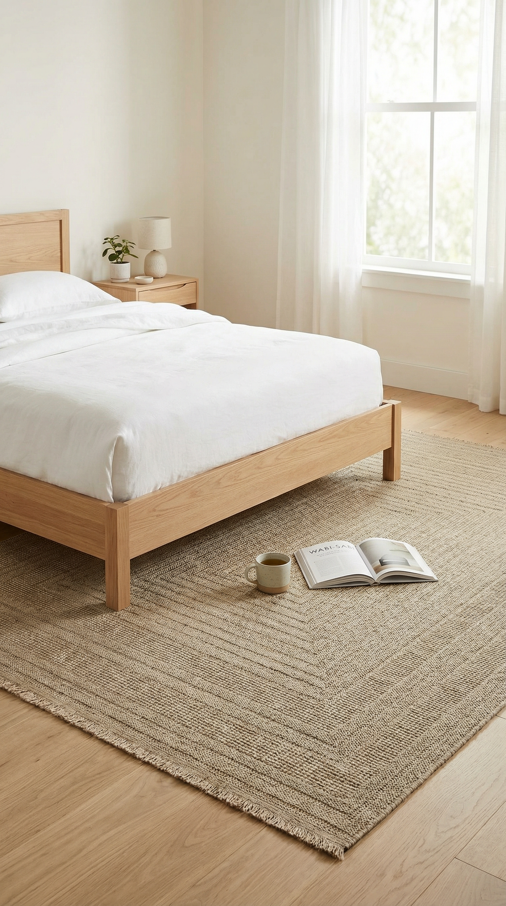 Açık renkli ahşap yatak, beyaz nevresim, yanında gece lambası ve bitki olan komodin, doğal jüt kilim, açık pencere