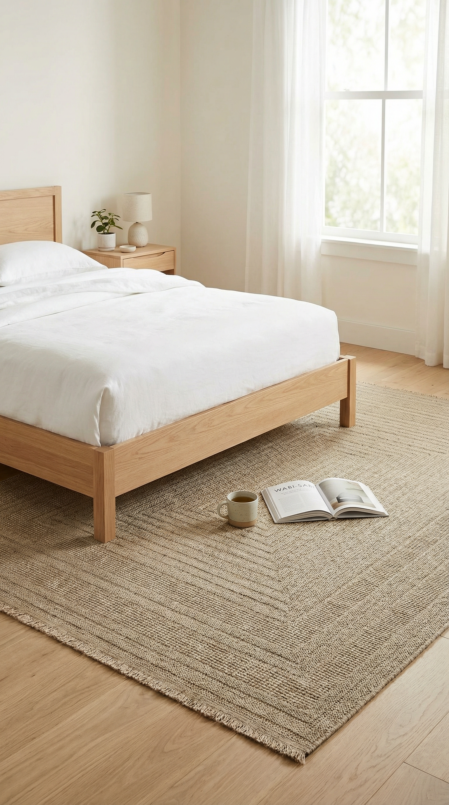 Açık renkli ahşap yatak, beyaz nevresim, yanında gece lambası ve bitki olan komodin, doğal jüt kilim, açık pencere