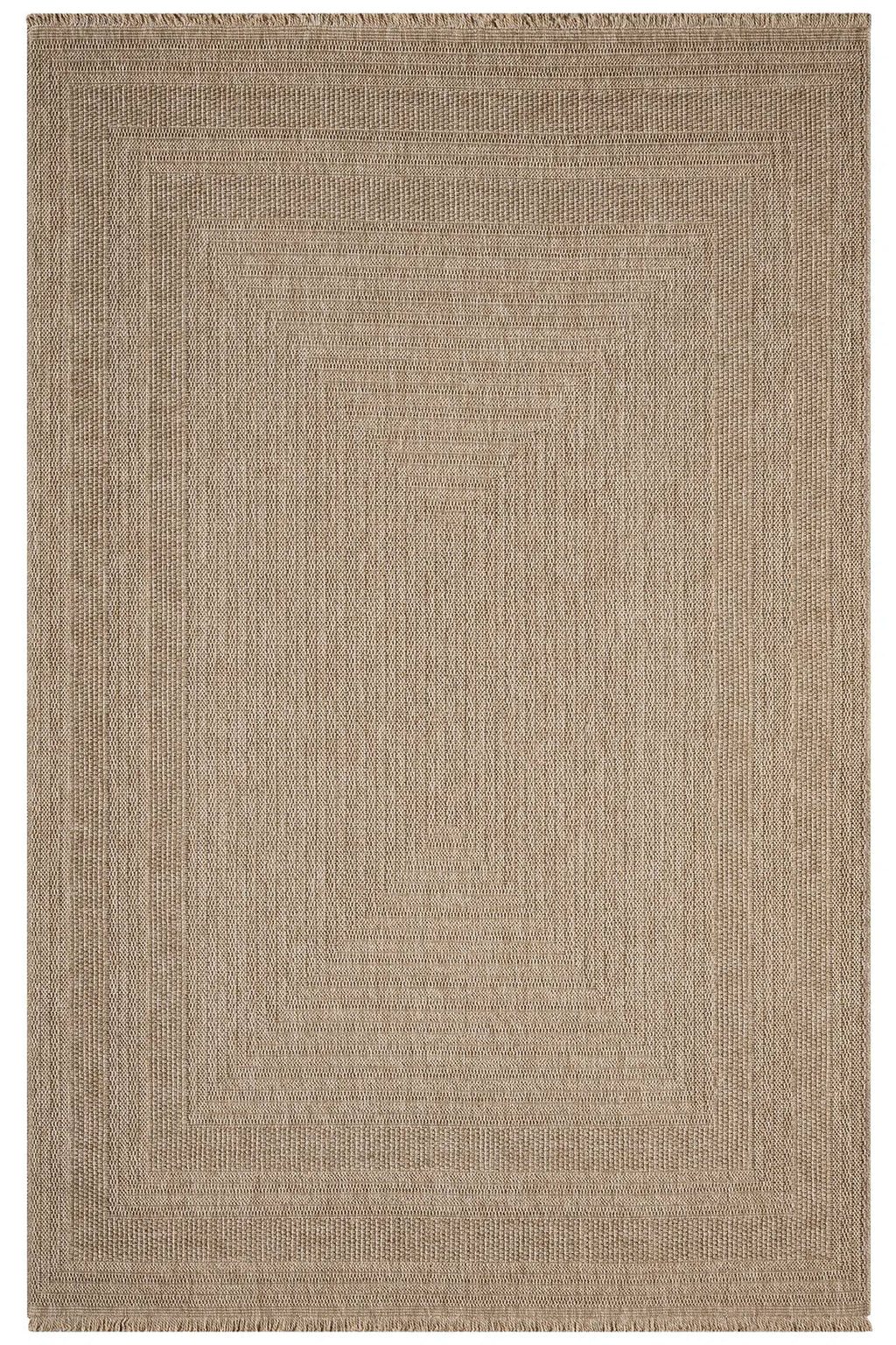 Bej renkli, dokuma desenli ve kare bordürlü doğal jüt halı