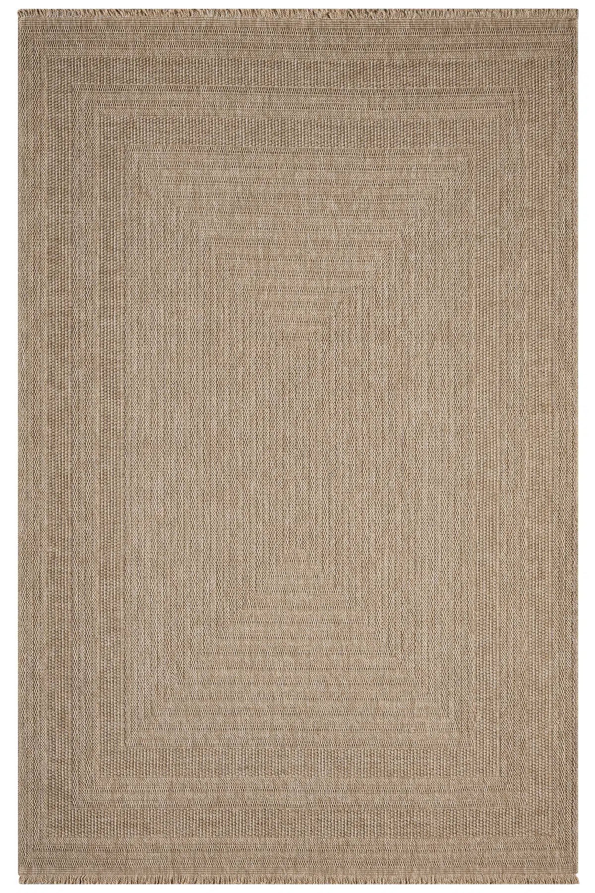 Bej renkli, dokuma desenli ve kare bordürlü doğal jüt halı