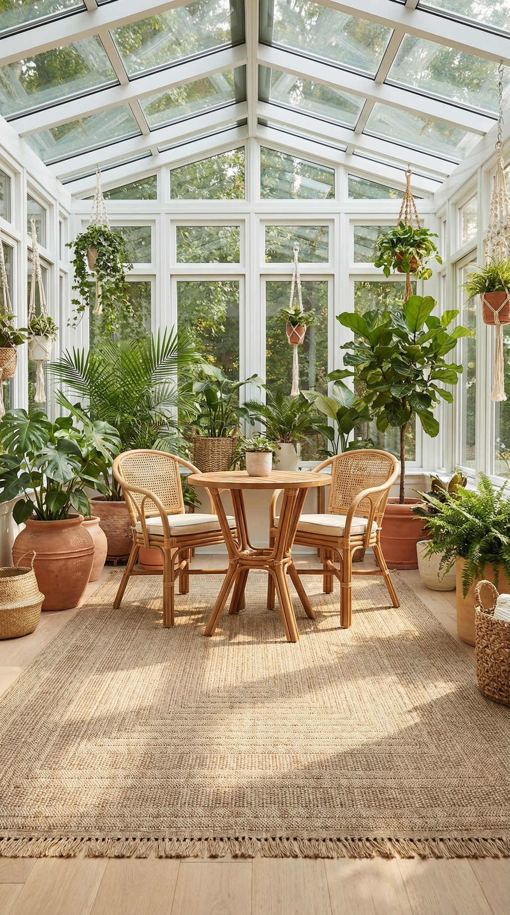 Geniş cam odada doğal bambu masa ve sandalyeler, çok sayıda yeşil bitki ve halı