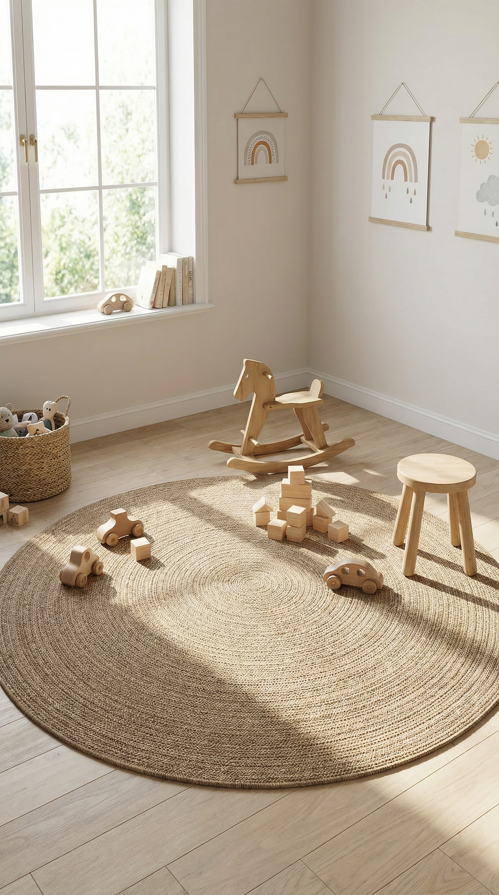 Zev Keten: Yuvarlak Kesim Jüt Görünümlü Halı - Odak Noktası Yaratın