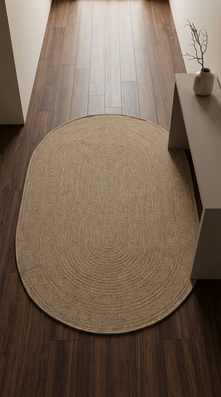 Zev Keten: Oval Kesim Jüt Görünümlü Halı - Mekanlara Akışkanlık Katın