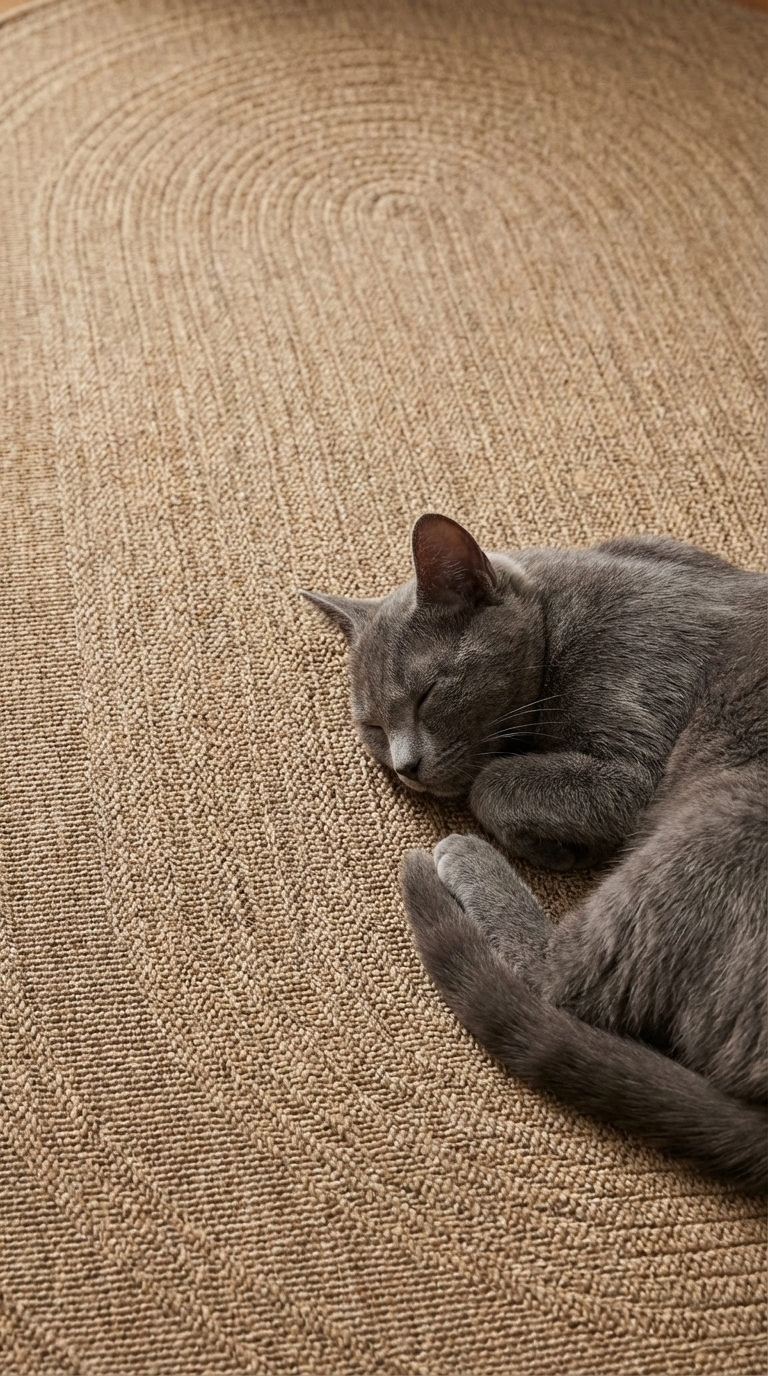 Zev Keten: Oval Kesim Jüt Görünümlü Halı - Mekanlara Akışkanlık Katın