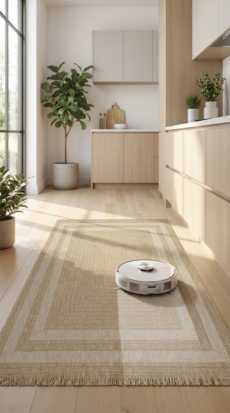 Ahşap mutfakta doğal ışıkta bej halı üzerinde akıllı robot süpürge ve dekoratif bitkiler