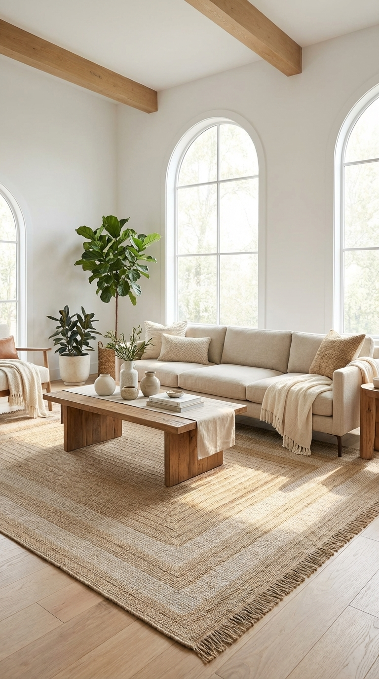 Doğal ahşap sehpa, krem koltuk, büyük halı ve yeşil bitkilerle aydınlık modern oturma odası