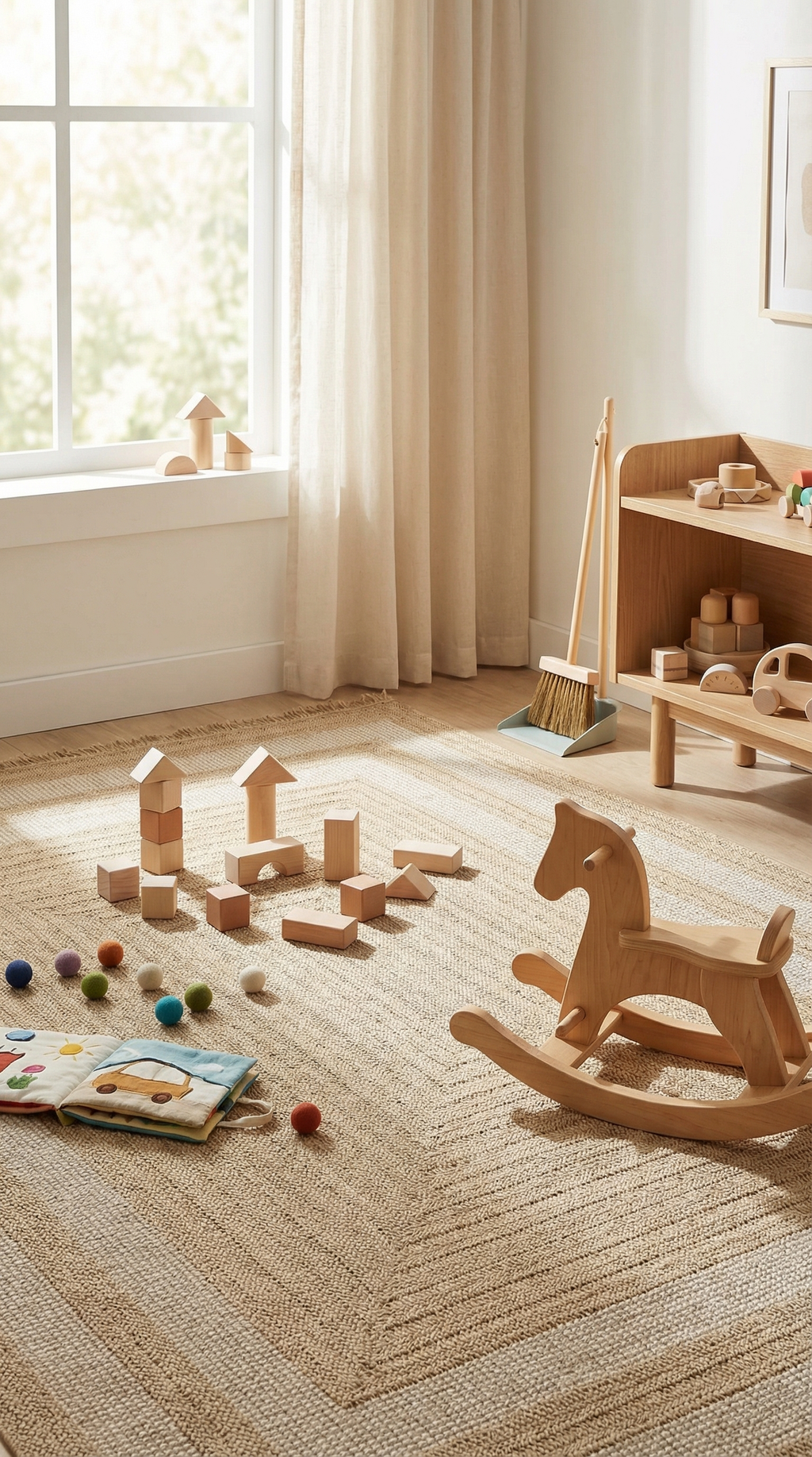 Ahşap sallanan at oyuncağı, doğal ışık alan oyun odasında ahşap bloklar ve bej halı