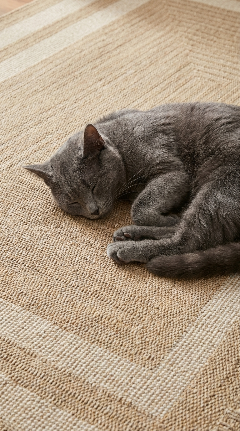 Kahverengi dokulu halının üzerinde uyuyan gri tüylü kedi