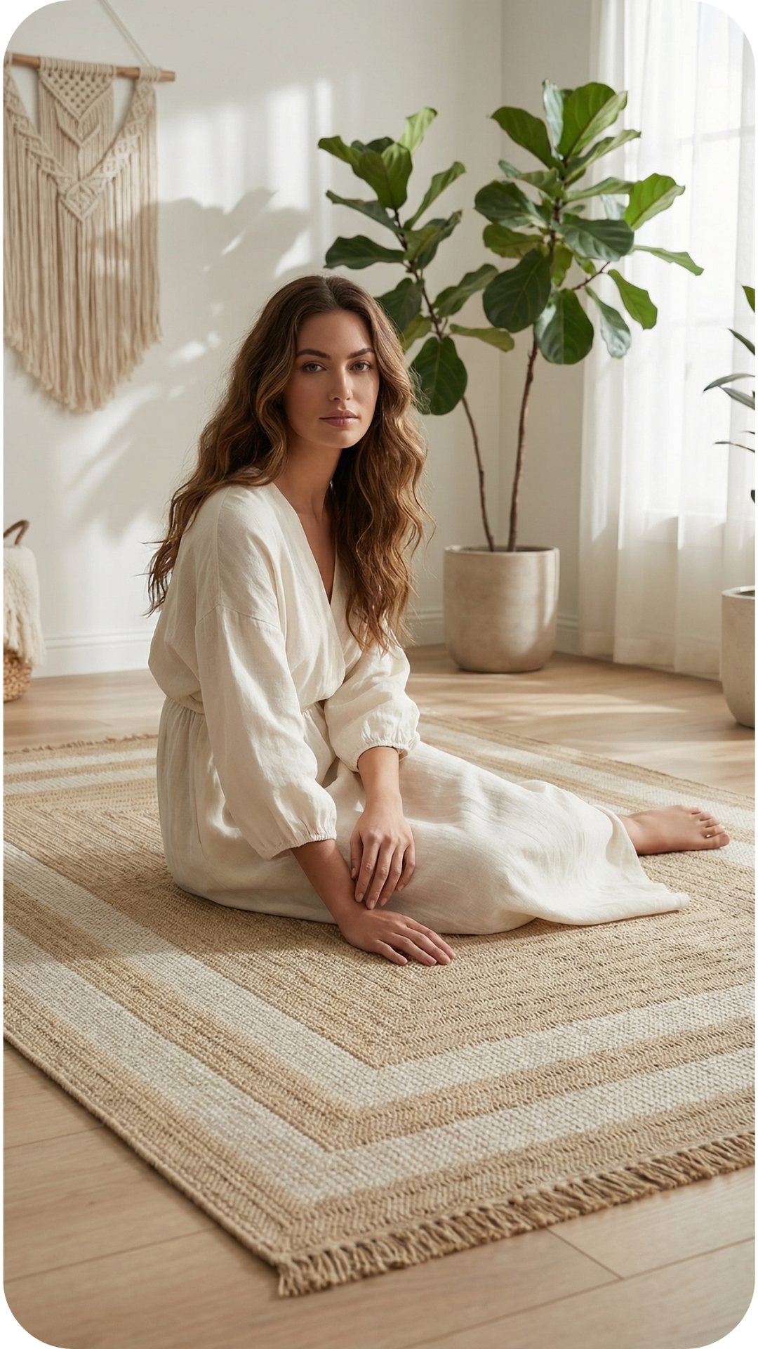Doğal tonlarda halının üzerinde, uzun beyaz elbise giymiş kadın, modern doğal dekorlu odada oturuyor
