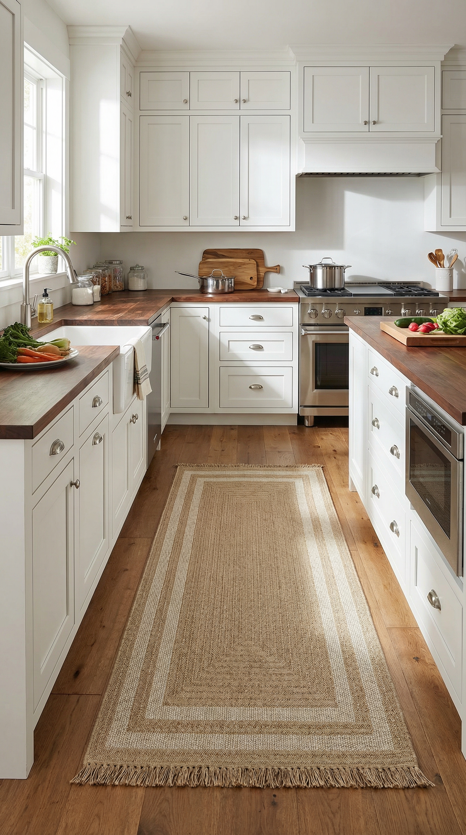 Ahşap tezgah ve beyaz dolaplı modern mutfakta doğal dokuma halı ve taze sebzeler