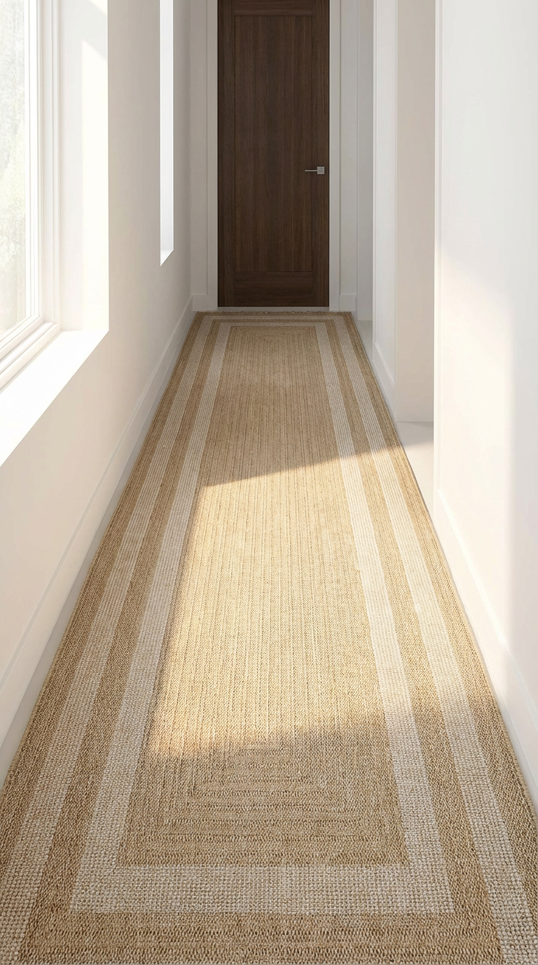 Krem ve doğal tonlarda çizgili uzun koridor halısı, beyaz duvarlar ve kahverengi kapı