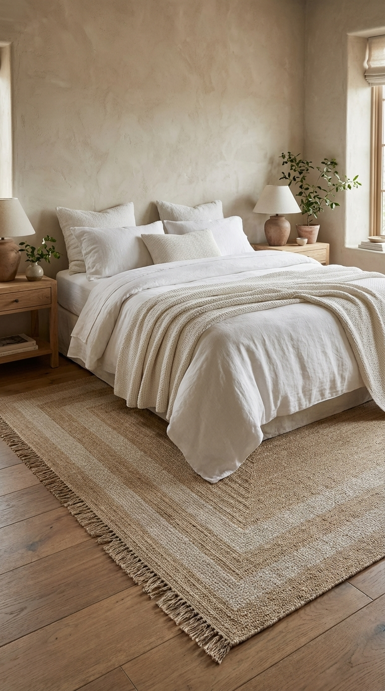 Doğal ahşap mobilyalarla minimalist, beyaz nevresim ve örgü battaniyeli şık yatak odası