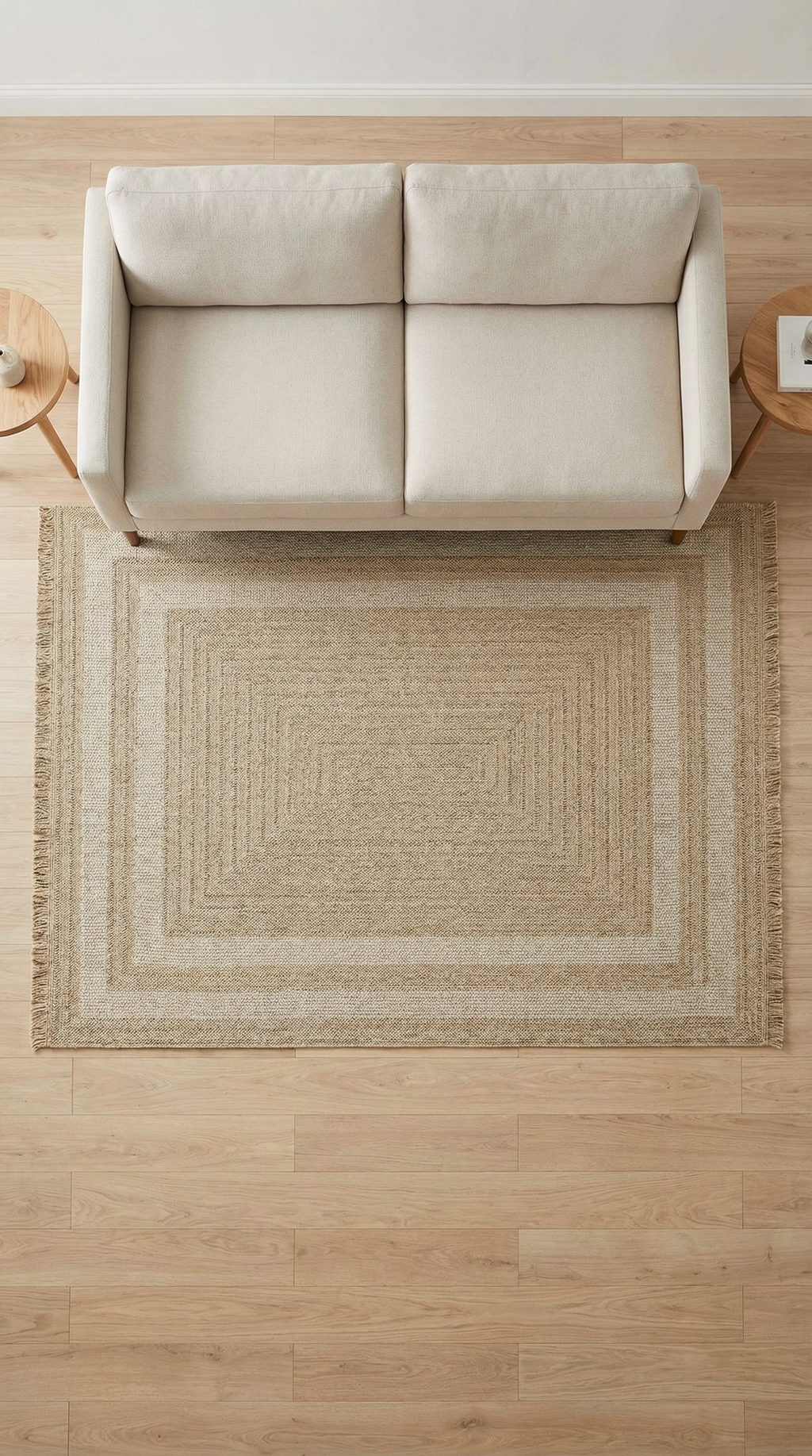Bej tonlarında modern kumaş koltuk ve doğal dokulu açık kahverengi halı, ahşap zemin ve yuvarlak küçük sehpalarla