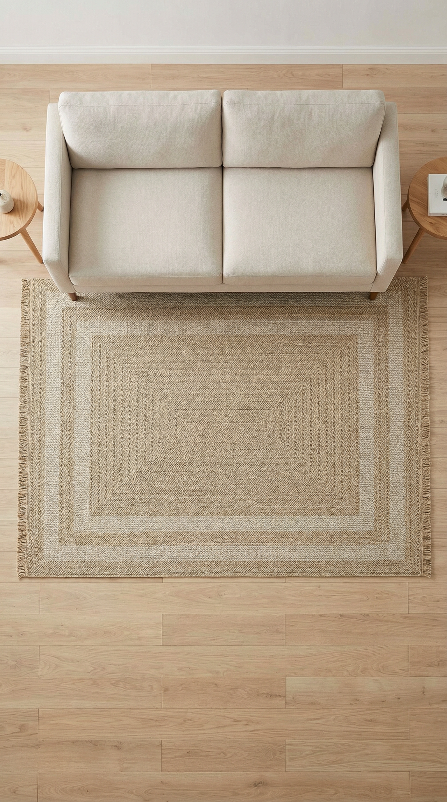 Bej tonlarında modern kumaş koltuk ve doğal dokulu açık kahverengi halı, ahşap zemin ve yuvarlak küçük sehpalarla