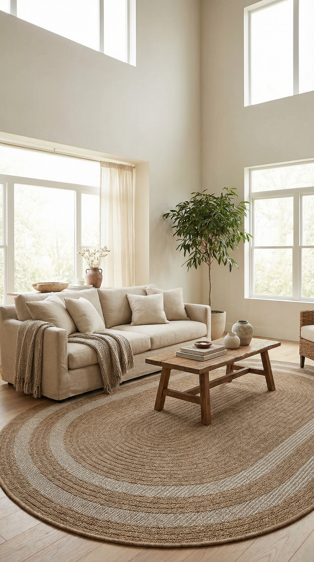 Doğal renklerde rahat kanepe, ahşap sehpalar ve büyük oval hasır halı ile modern oturma odası