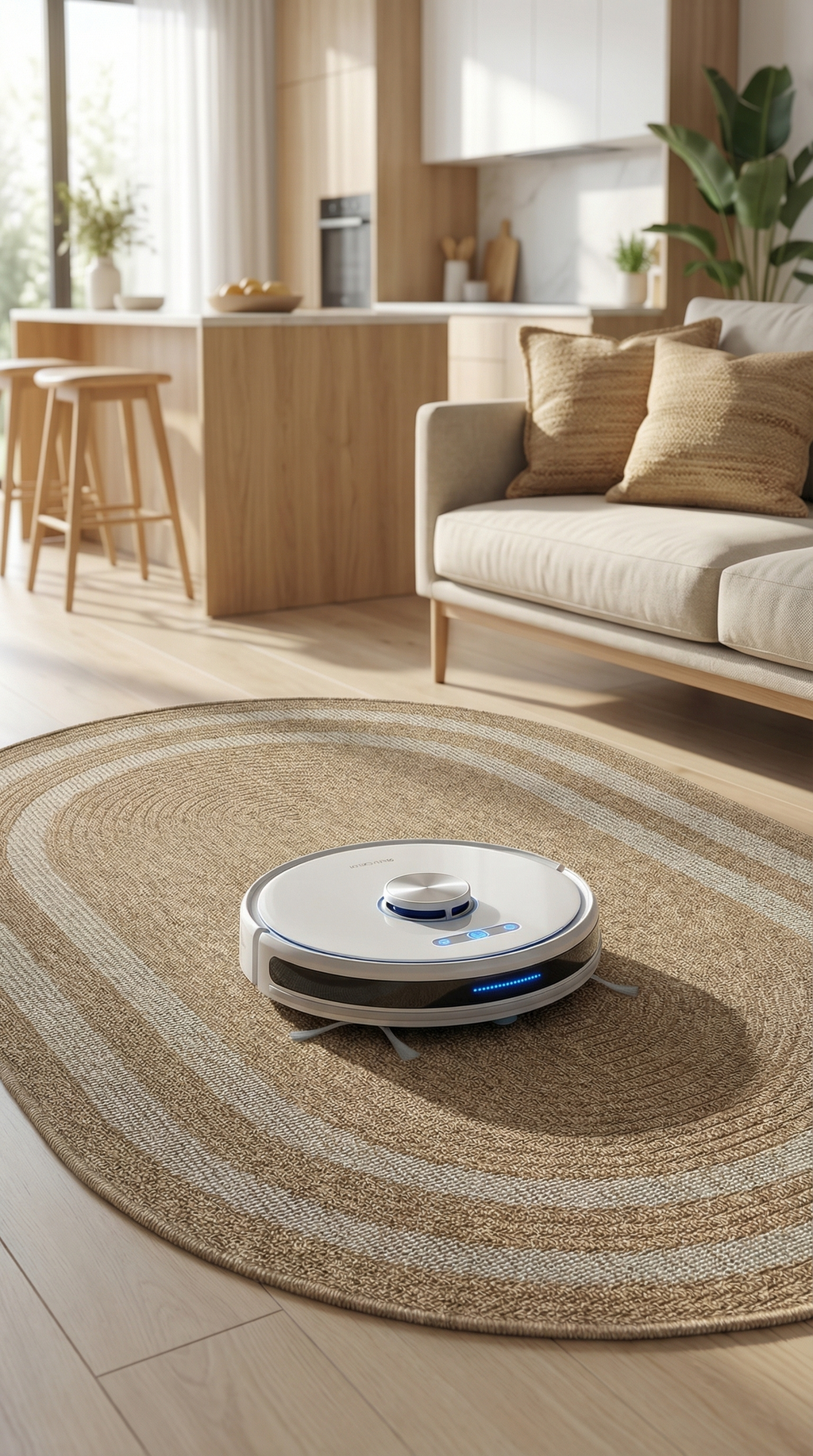 Bej ve beyaz oval halı üzerinde robot süpürge, modern açık mutfak ve bej koltuk